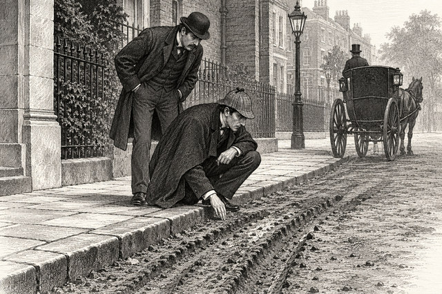 Holmes crouches beside marks in a London gutter as Watson watches and a cab waits nearby. AI-generated nineteenth-century engraving-style plate.