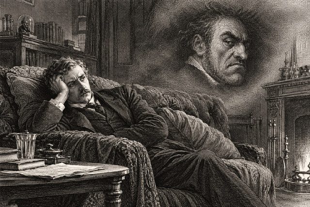 Watson lies awake on a sofa, disturbed by the remembered face of the murder victim. AI-generated nineteenth-century engraving-style plate.