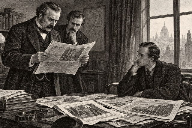 Two detectives examine a newspaper while Holmes sits beside the table. AI-generated nineteenth-century engraving-style plate.
