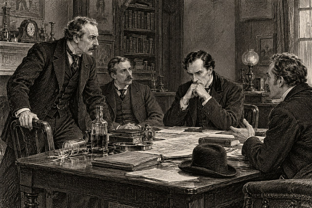 Holmes demonstrates evidence on the table before Watson and the police detectives. AI-generated nineteenth-century engraving-style plate.