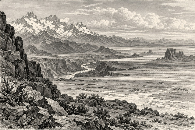 A desolate alkali plain stretches toward distant mountains, with bones and scrub in the foreground. AI-generated nineteenth-century engraving-style plate.