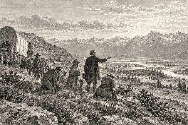 Covered wagons and settlers descend toward a broad valley beneath the mountains. AI-generated nineteenth-century engraving-style plate.