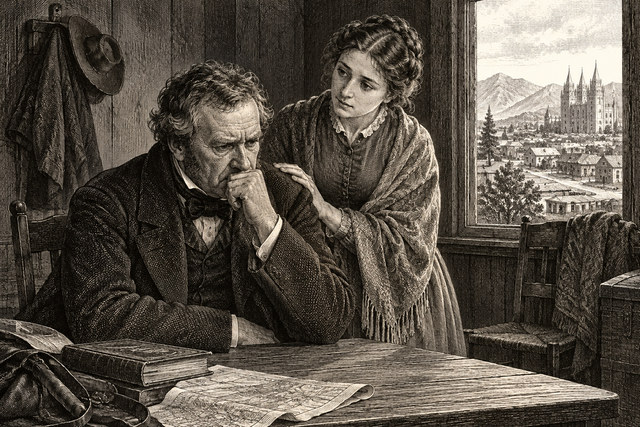 A worried John Ferrier sits at his table as Lucy places a hand on his shoulder. AI-generated nineteenth-century engraving-style plate.