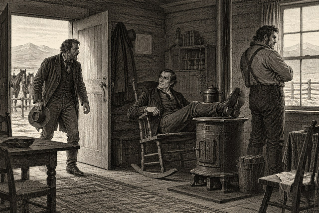 Jefferson Hope stands in a cabin doorway with a rifle while Ferrier waits within. AI-generated nineteenth-century engraving-style plate.