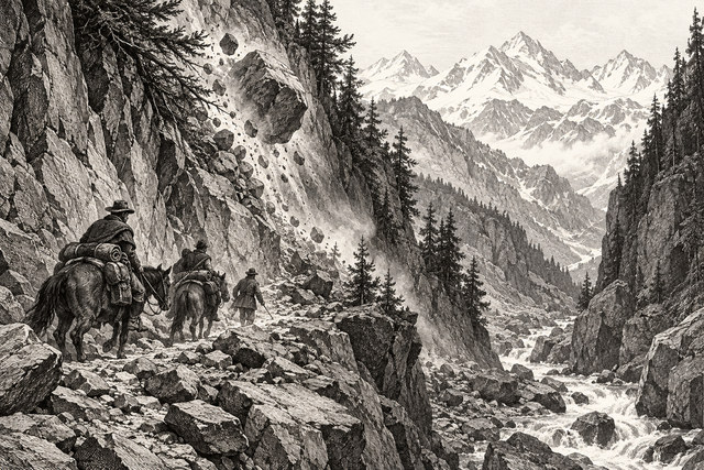 Riders traverse a steep mountain track as a rockfall tumbles down the ravine. AI-generated nineteenth-century engraving-style plate.