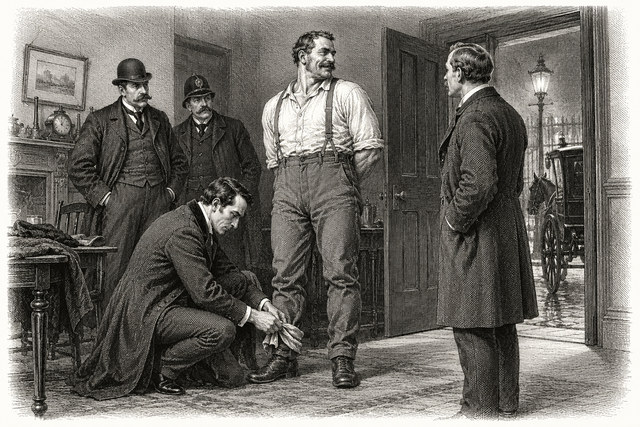 The captive Jefferson Hope stands before Holmes, Watson and the detectives in Baker Street. AI-generated nineteenth-century engraving-style plate.