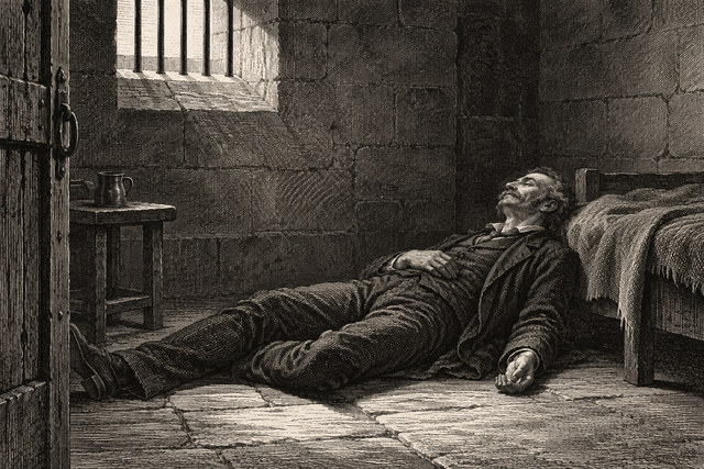Jefferson Hope lies on his prison bed beside a barred window. AI-generated nineteenth-century engraving-style plate.
