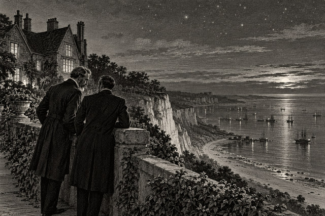Two men look toward a moonlit coast from the grounds of a house above the harbour. AI-generated nineteenth-century engraving-style plate.