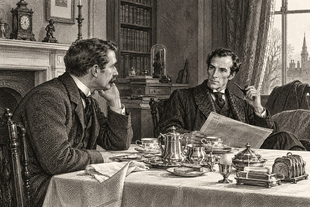 Holmes and Watson discuss a letter over their breakfast table. AI-generated nineteenth-century engraving-style plate.