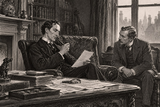 Holmes studies a document while Watson listens across a table scattered with case papers. AI-generated nineteenth-century engraving-style plate.