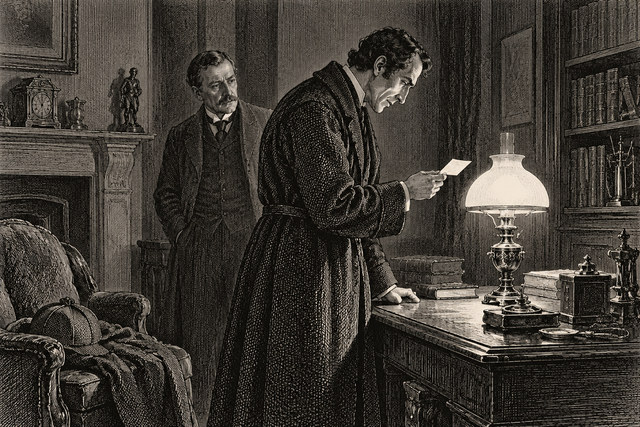 Holmes reads a small card beside a lamp as Watson watches from his chair. AI-generated nineteenth-century engraving-style plate.