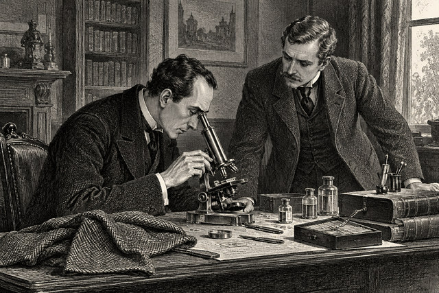 Holmes examines evidence through a microscope while Watson leans over the worktable. AI-generated nineteenth-century engraving-style plate.