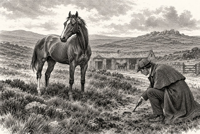 A racehorse stands on open moorland while Holmes examines the ground nearby. AI-generated nineteenth-century engraving-style plate.