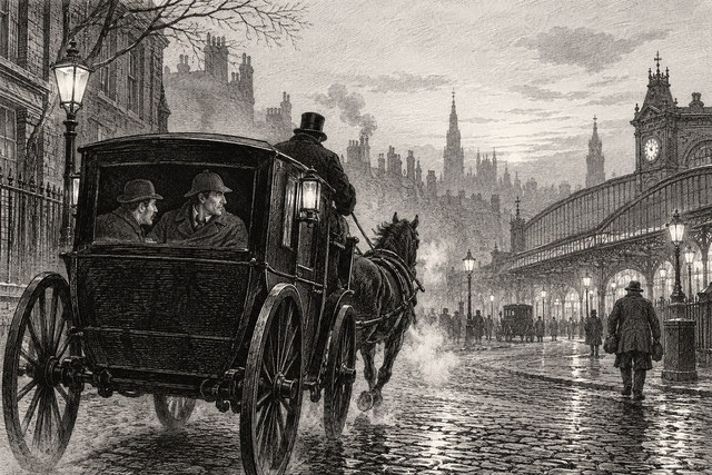 A horse-drawn cab travels through a wet London street in the early morning. AI-generated nineteenth-century engraving-style plate.