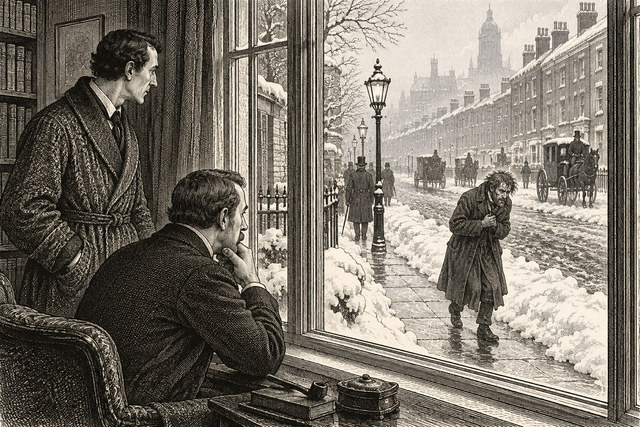 Holmes and Watson watch a distressed visitor approach through the snow outside Baker Street. AI-generated nineteenth-century engraving-style plate.
