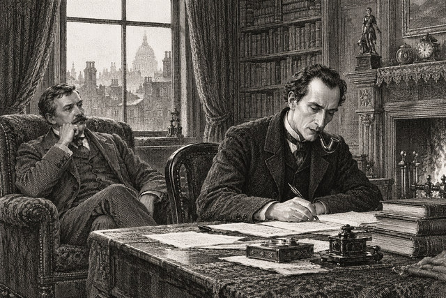 Holmes writes at a desk as a visitor sits beside him in the book-lined room. AI-generated nineteenth-century engraving-style plate.