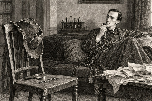 Holmes studies a battered hat placed on a chair beside scattered newspapers. AI-generated nineteenth-century engraving-style plate.