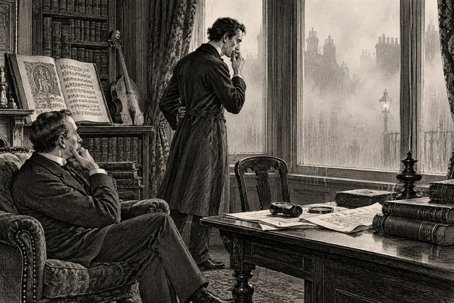 Holmes looks into the London fog from his window while Watson waits beside the desk. AI-generated nineteenth-century engraving-style plate.