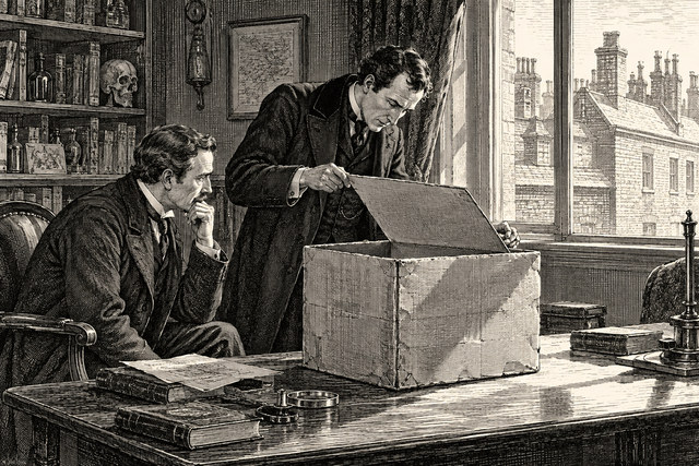 Holmes examines the contents of a cardboard box as Watson watches across the table. AI-generated nineteenth-century engraving-style plate.