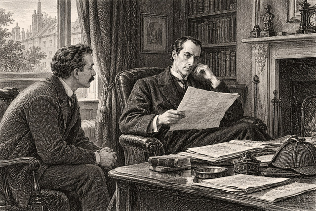 Holmes reads a letter while Watson listens in the Baker Street sitting room. AI-generated nineteenth-century engraving-style plate.