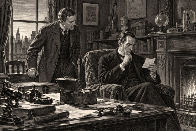 Watson stands beside the desk while Holmes considers a visitor’s card. AI-generated nineteenth-century engraving-style plate.