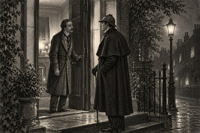 Holmes stands at a lamp-lit house doorway speaking to Watson. AI-generated nineteenth-century engraving-style plate.