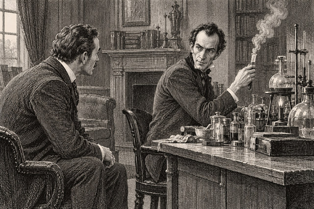 Holmes studies a small object beside chemical apparatus while Watson watches. AI-generated nineteenth-century engraving-style plate.