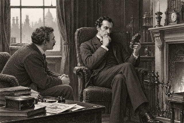 Holmes and Watson consider a small bottle in the sitting room. AI-generated nineteenth-century engraving-style plate.