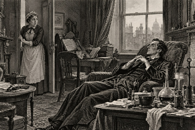 Holmes lies exhausted in his chair while his concerned landlady waits at the doorway. AI-generated nineteenth-century engraving-style plate.