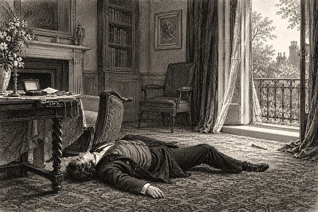 A man lies on the floor of an elegant room beside an open window. AI-generated nineteenth-century engraving-style plate.