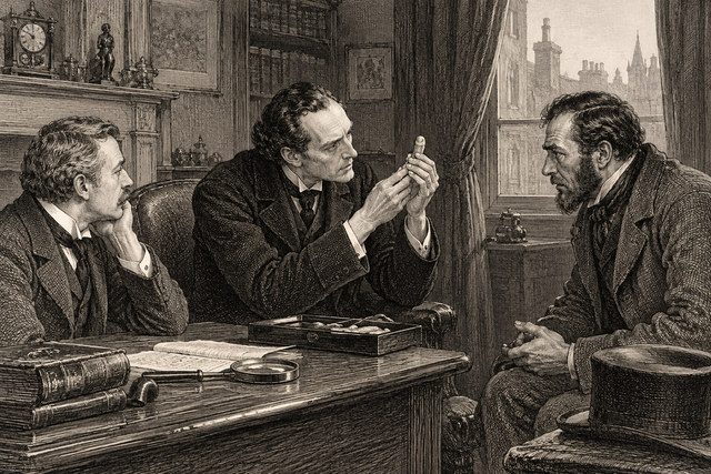 Holmes examines a bandaged hand while Watson and the injured engineer watch. AI-generated nineteenth-century engraving-style plate.