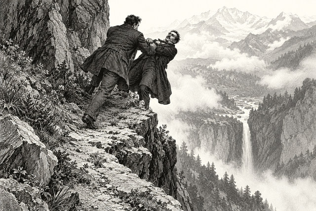 Holmes and Moriarty struggle on a narrow ledge above the Reichenbach Falls. AI-generated nineteenth-century engraving-style plate.