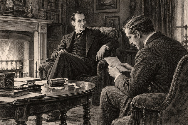 Holmes reads an old letter while Watson sits beside the fireplace. AI-generated nineteenth-century engraving-style plate.