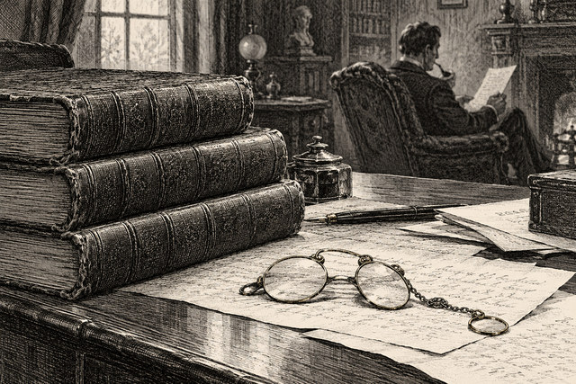 A pair of pince-nez spectacles lies on a map beside books as Holmes reads in the background. AI-generated nineteenth-century engraving-style plate.