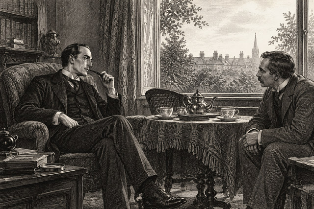 Two men converse beside a window overlooking a quiet garden. AI-generated nineteenth-century engraving-style plate.