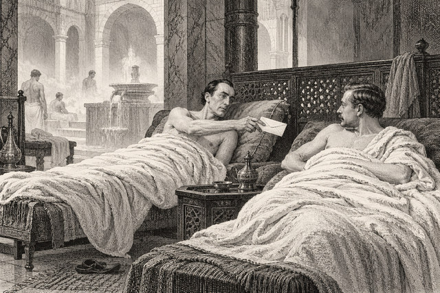 Holmes and Watson recline on neighbouring couches in a Turkish bath. AI-generated nineteenth-century engraving-style plate.