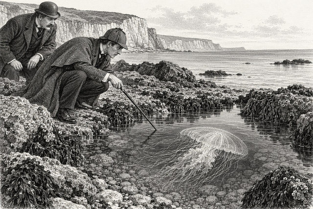 Holmes crouches beside a Sussex rock pool and points with his stick at a jellyfish and its long tentacles while a companion watches. AI-generated nineteenth-century engraving-style plate.
