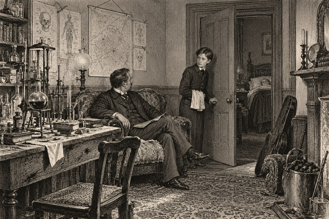 A visitor enters the Baker Street room while Watson waits beside the table. AI-generated nineteenth-century engraving-style plate.