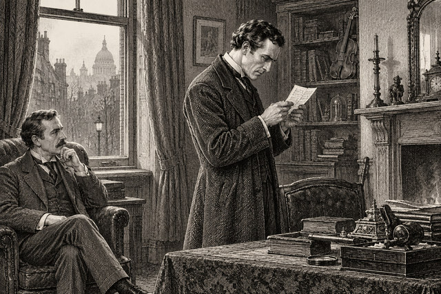Holmes reads a small note while Watson watches from his chair. AI-generated nineteenth-century engraving-style plate.