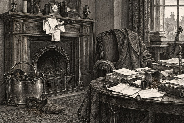 Holmes’s untidy sitting room contains scattered papers, a coal scuttle and a mantel covered with objects. AI-generated nineteenth-century engraving-style plate.
