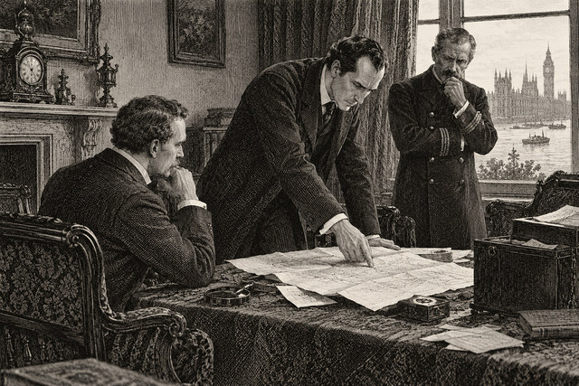 Holmes and Watson study papers with a visitor at their worktable. AI-generated nineteenth-century engraving-style plate.