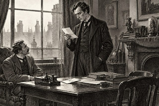 Holmes stands reading a letter while Watson sits beside the table. AI-generated nineteenth-century engraving-style plate.