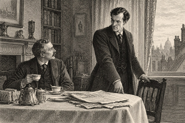 Holmes rises beside the breakfast table while Watson looks up from his cup. AI-generated nineteenth-century engraving-style plate.