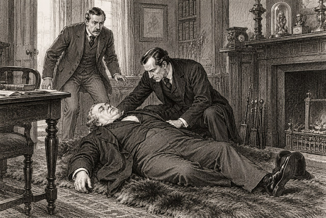 A distressed visitor collapses on the hearthrug as Holmes and Watson rush to help. AI-generated nineteenth-century engraving-style plate.