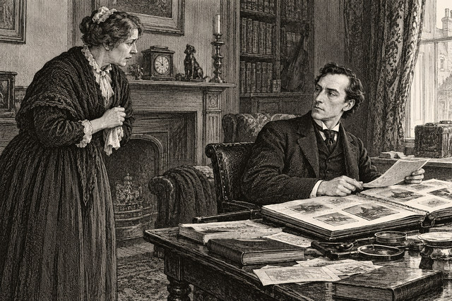 A woman speaks to Holmes beside a desk covered with documents. AI-generated nineteenth-century engraving-style plate.
