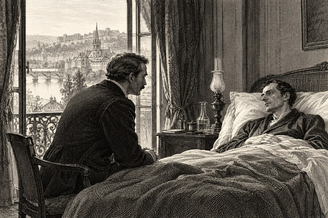Watson sits beside the bed of the convalescent Holmes at a country house. AI-generated nineteenth-century engraving-style plate.
