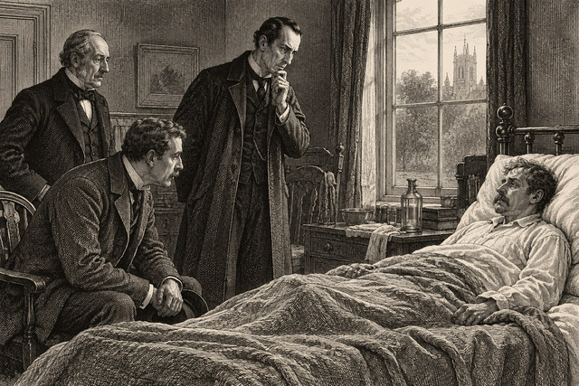 Holmes and Watson examine a man lying in bed. AI-generated nineteenth-century engraving-style plate.