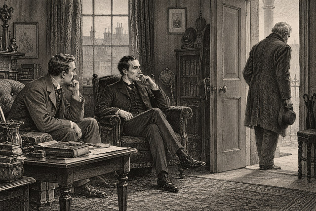 Holmes and Watson wait in their sitting room as an elderly visitor leaves. AI-generated nineteenth-century engraving-style plate.