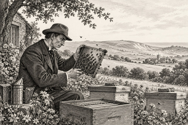 The retired Holmes tends a beehive in a garden overlooking the Sussex countryside. AI-generated nineteenth-century engraving-style plate.