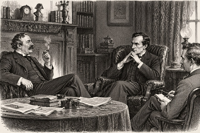 Holmes listens to Watson beside the fireplace, with a small bust on the mantel. AI-generated nineteenth-century engraving-style plate.